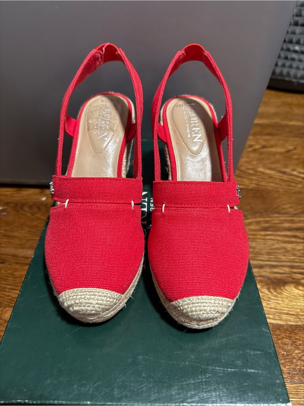 NEW Lauren Ralph Lauren Penelopie Red Canvas Slingback Espadrille Wedges Sz 5
